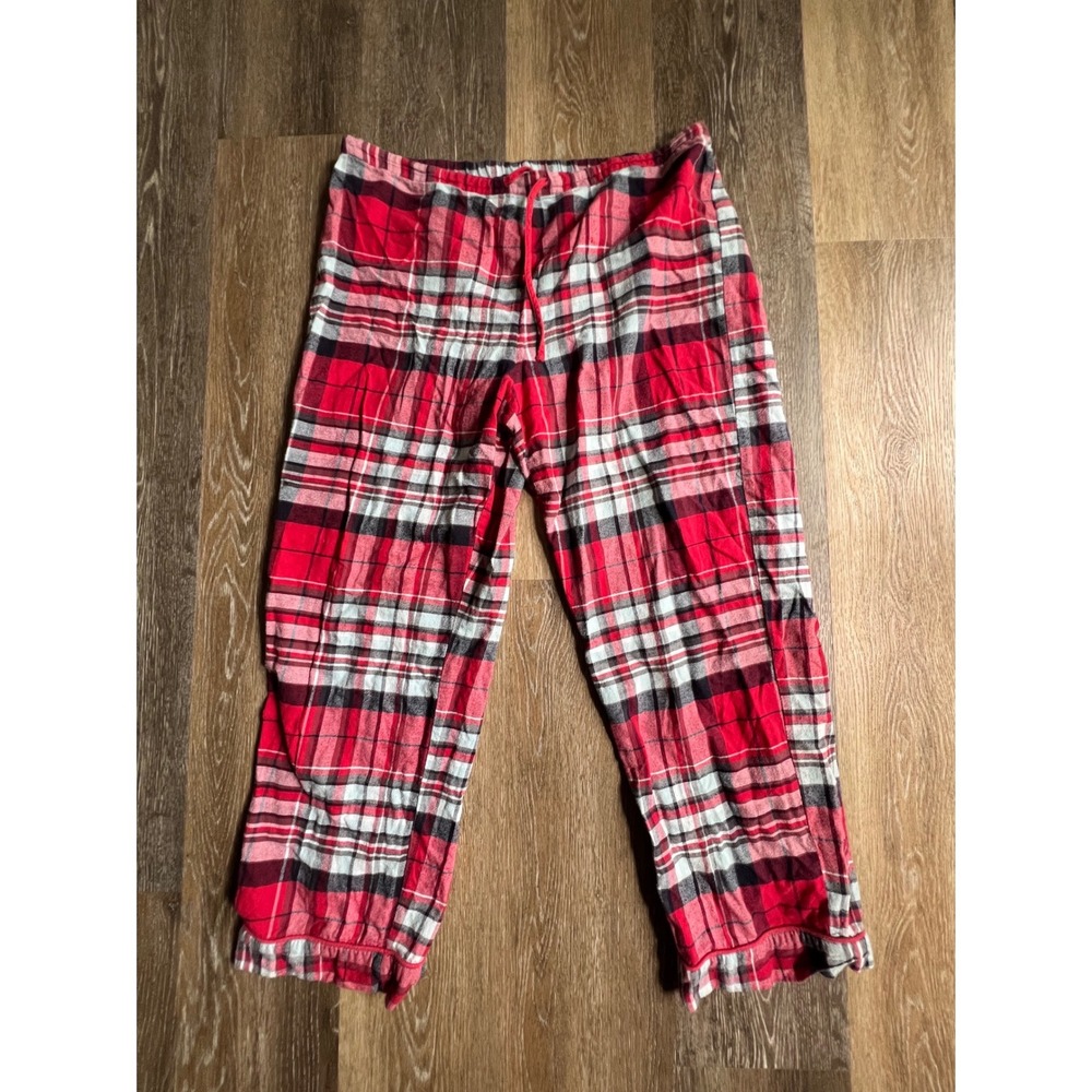 Talbots Pajama Pants Womens Large Red Plaid Flannel Drawstring Ruffle Hem